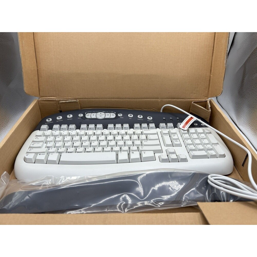 New Open Box Microsoft KB-0168 PS/2 MultiMedia Keyboard 1.0A Off White